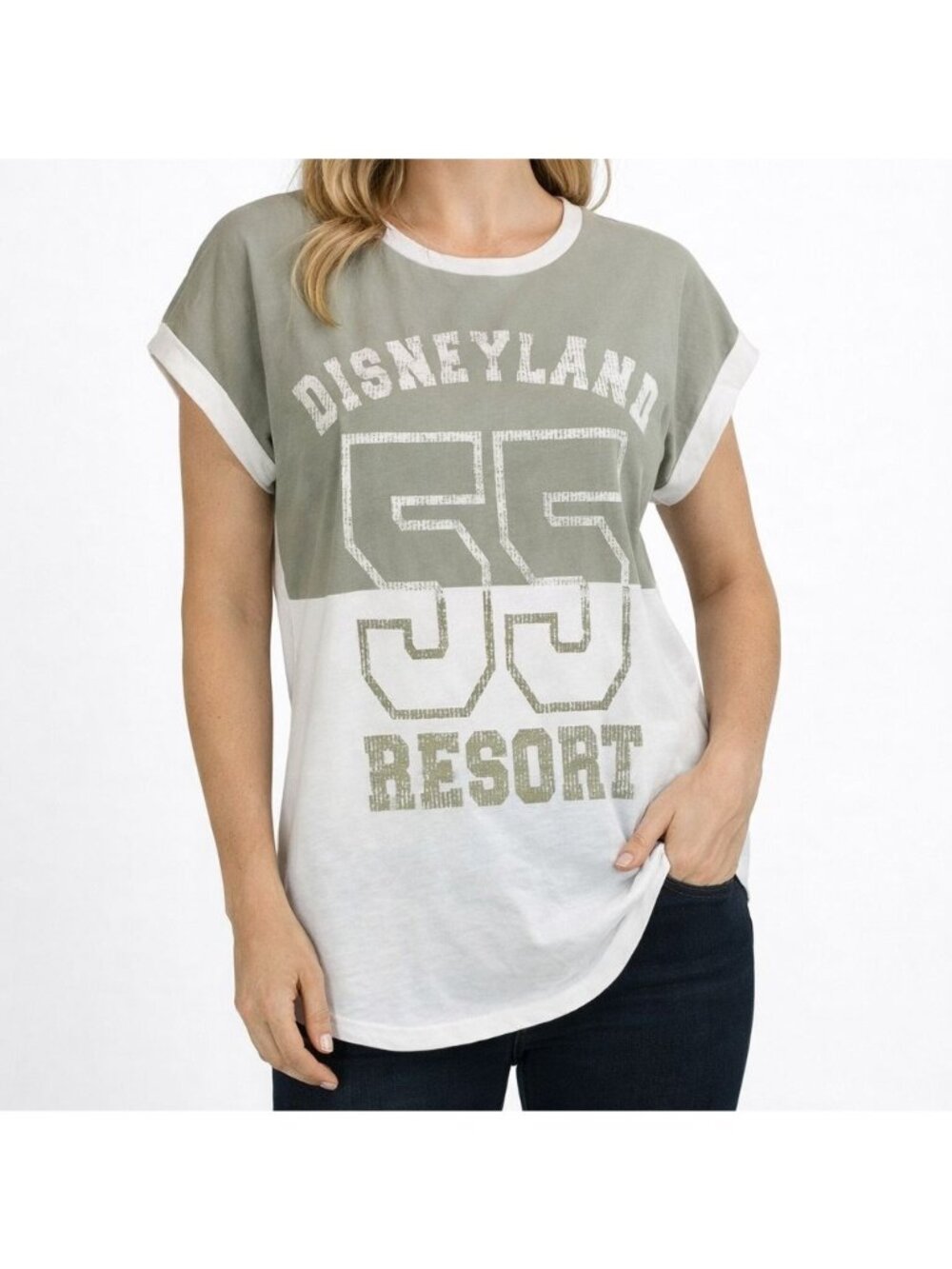 Disney Parks | Disneyland Womens Rolled Sleeve Top Gray White Color Block Size L